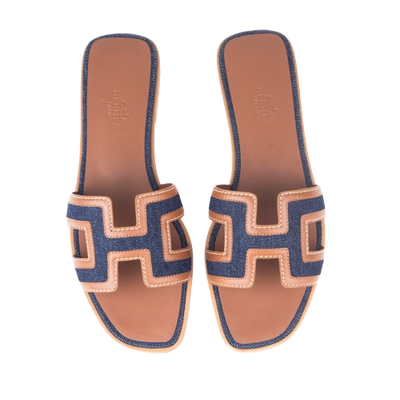 HERMES Oran Sandals "Bleu Brut and Gold"